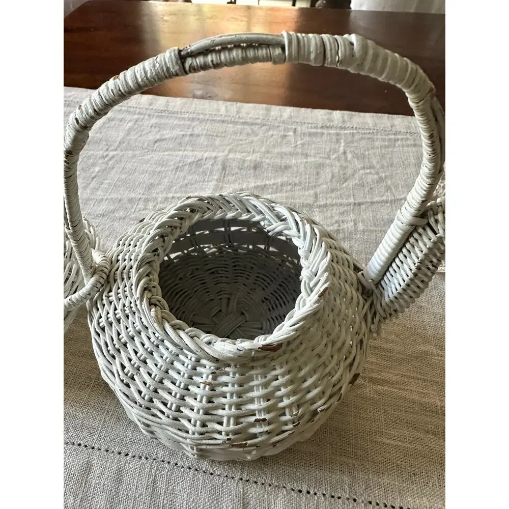 Vintage White Wicker Teapot Shape Basket Cottage Decor 6.5